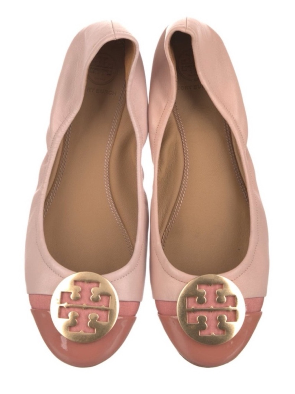 TORY BURCH Minnie Shell Pink Leather Gold Medallion Logo Travel Ballet Flats
